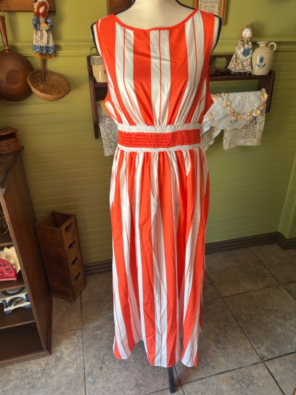 Striped Orange and White Sleeveless Maxi Dress